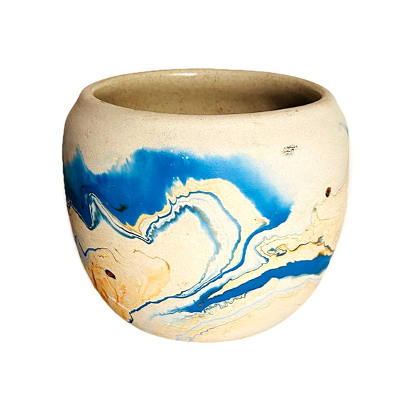 Vintage Nemadji Blue Orange Swirl Studio Art Pottery Vase 4" Tall x 4.75" Wide - Picture 3 of 7